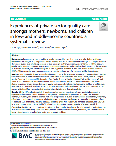 Experiences of private sector quality care amongst mothers, newborns, and children in low- and middle-income countries: a systematic review