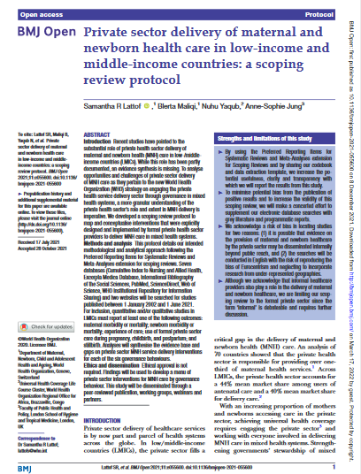 Private sector delivery of maternal and newborn health care in low-income and middle-income countries: a scoping review protocol