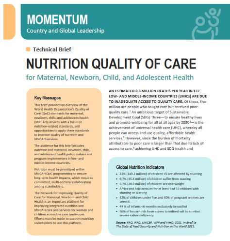 Nutrition Quality of Care for Maternal, Newborn, Child, and Adolescent Health