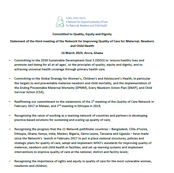 Statement of the third meeting of the Network for Improving Quality of Care for Maternal, Newborn and Child Health- Accra, Ghana