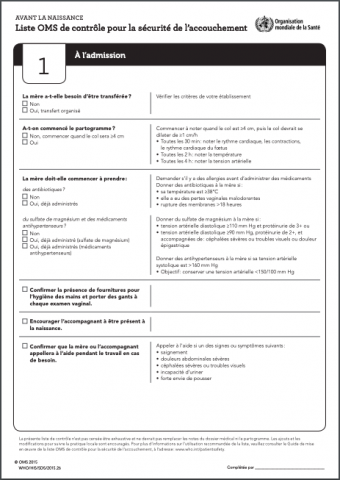 Liste OMS de contrôle pour la sécurité de l’accouchement