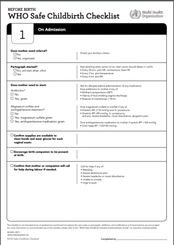 WHO Safe Childbirth Checklist